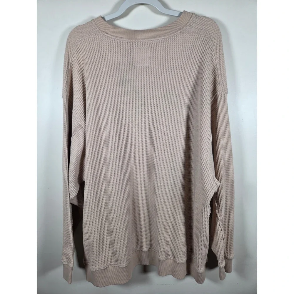 Aerie Chicago Waffle Knit Pullover W XXL Tan Oversized Graphic Cozy Sweatshirt